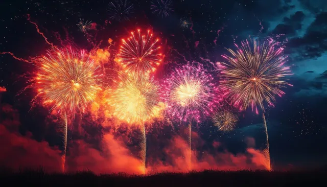 Colorful fireworks explode across a dark night sky, casting bright light trails over silhouetted clouds.