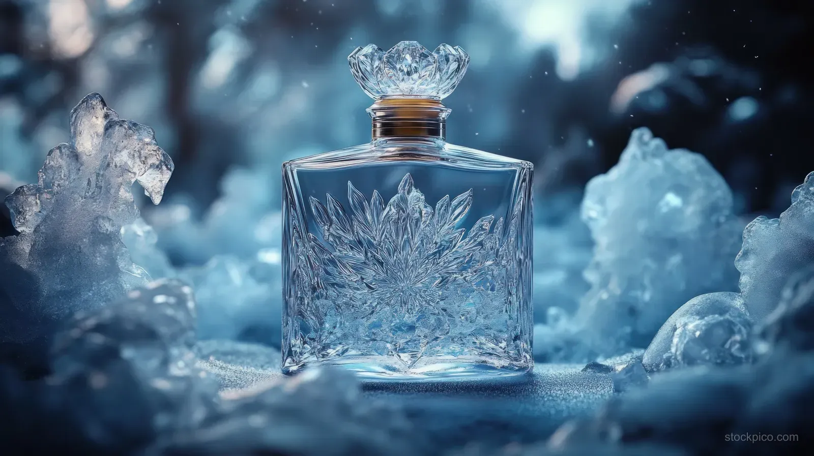 Transparent perfume bottle on ice-like formations with soft blue light and sparkling vapor.