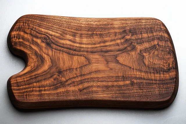 Walnut cutting board with swirling grain pattern resting on a clean light surface under soft natural light.