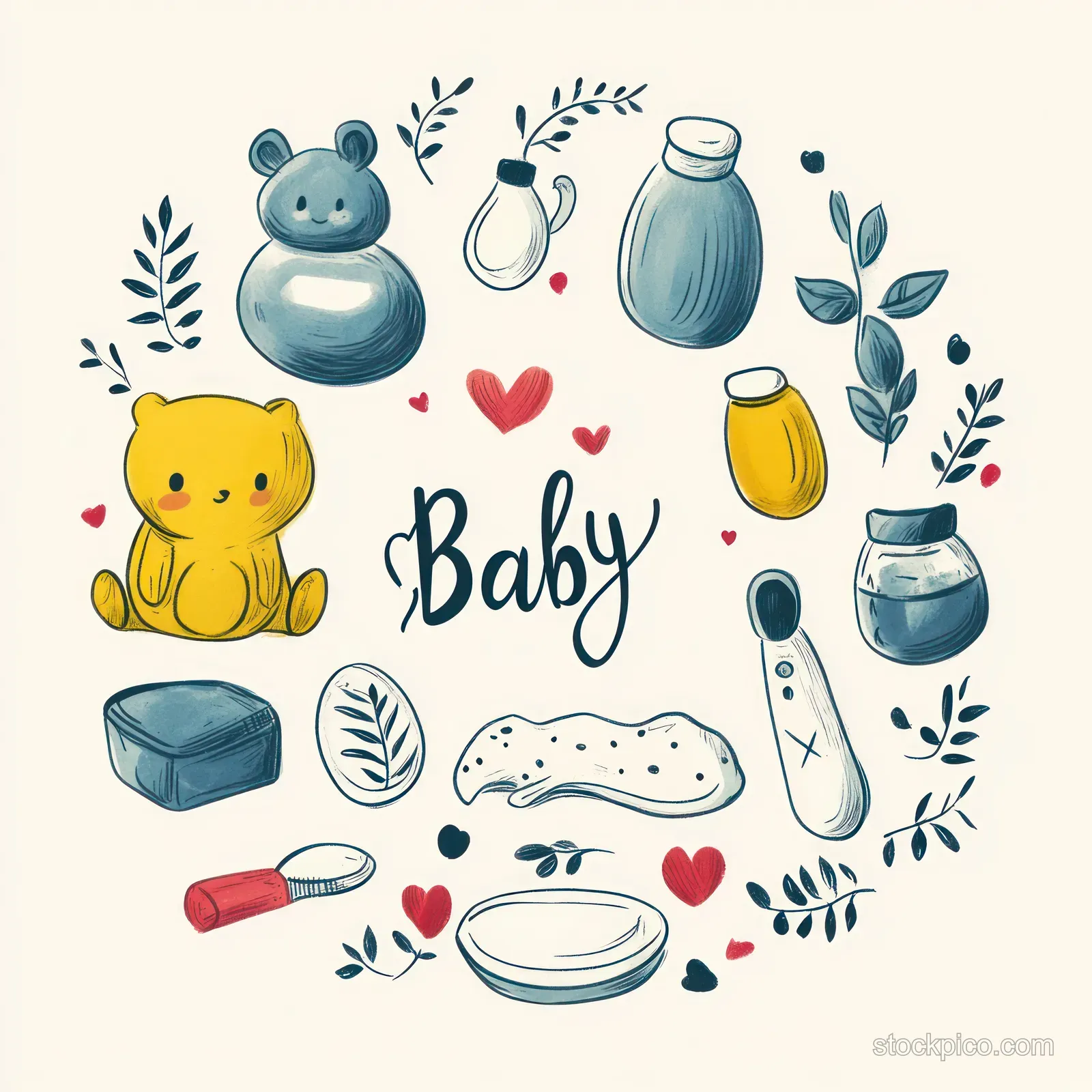 Doodle-style baby care items with bottles, cream, wipes, soap, a teddy bear, and decorative leaves.