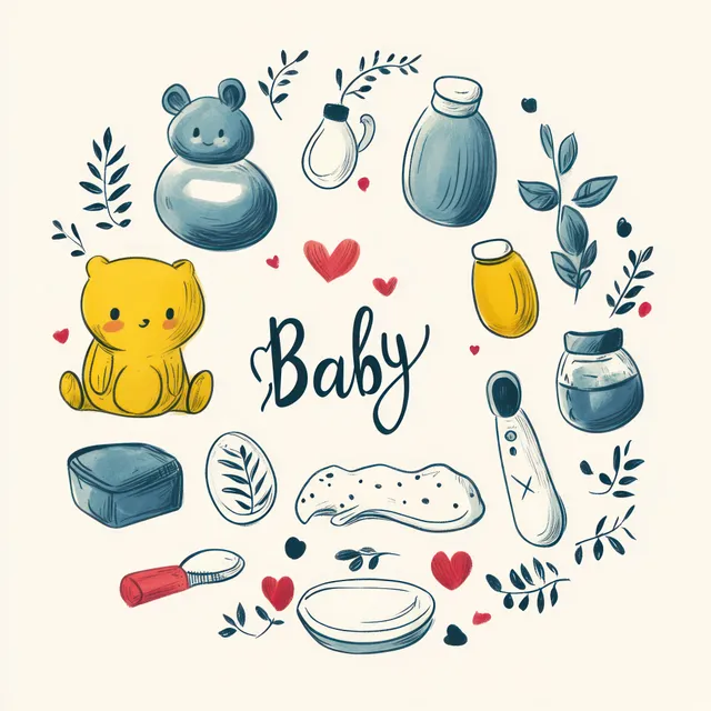 Doodle-style baby care items with bottles, cream, wipes, soap, a teddy bear, and decorative leaves.