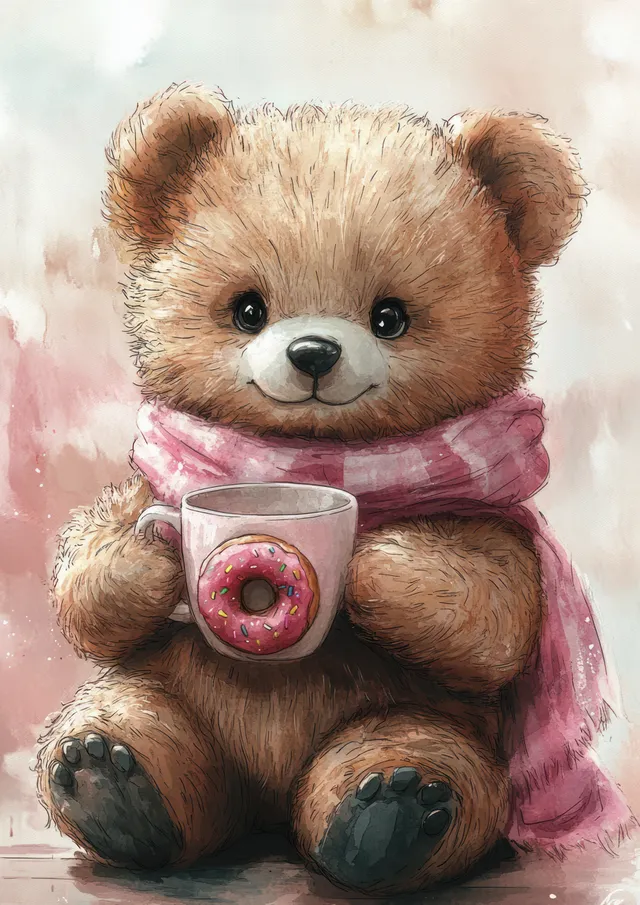 Watercolor teddy bear in a scarf holding a cocoa cup with a pink donut against a soft winter background.