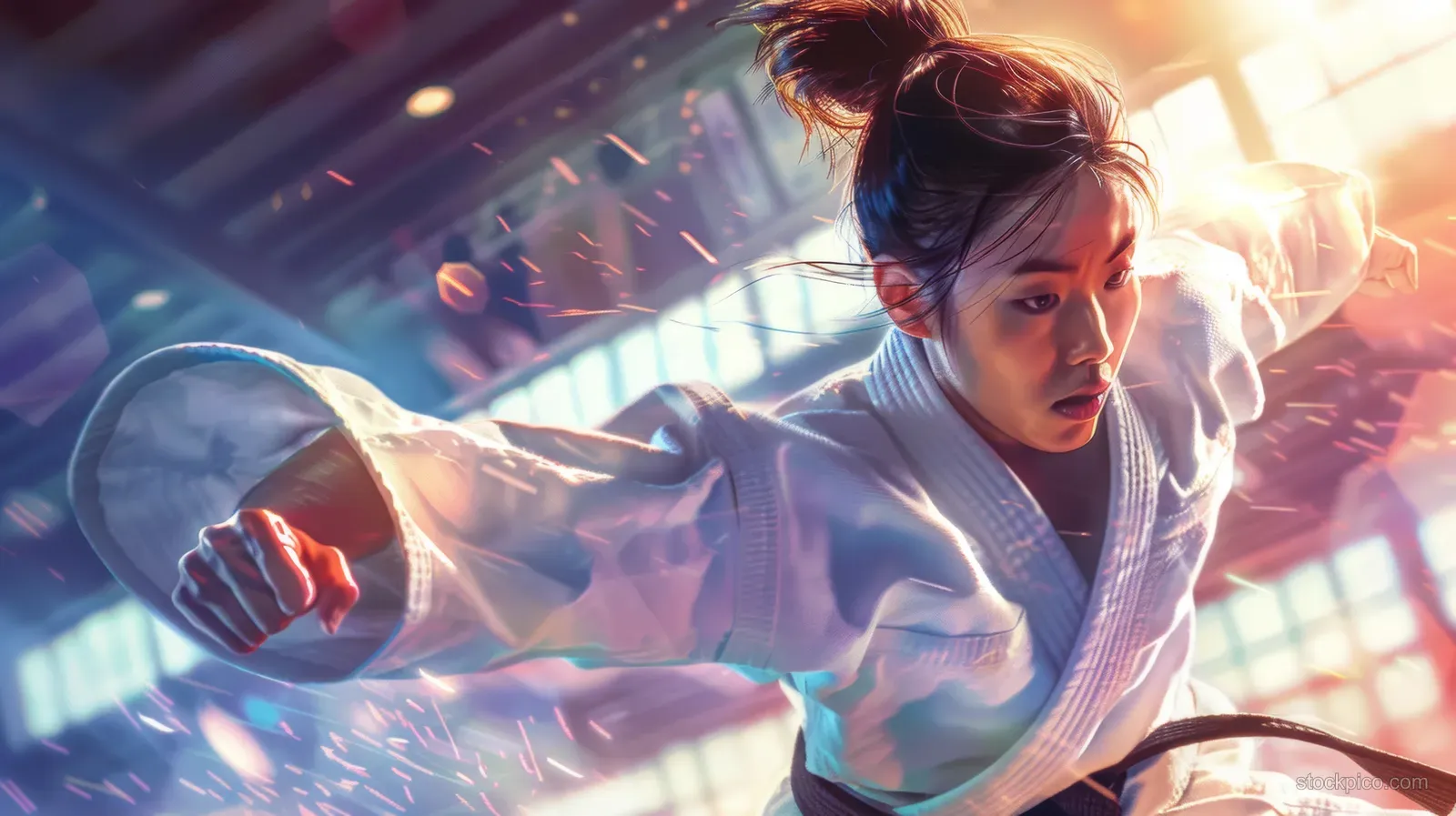 A South Korean woman in a white judo gi performs a dynamic throw under bright stadium lights with spectators blurred behind.