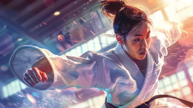 A South Korean woman in a white judo gi performs a dynamic throw under bright stadium lights with spectators blurred behind.