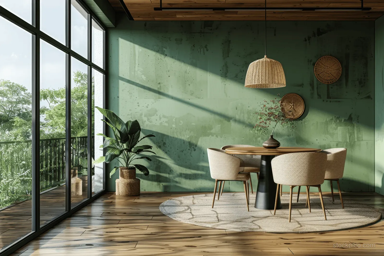 Round wooden dining table with upholstered chairs sits on a rug beside a green wall and wicker pendant lamp.