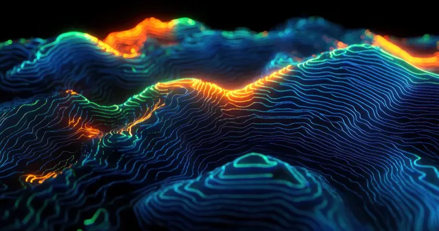 Abstract 3D topographic terrain showing glowing neon contour lines across dark blue and green hills with yellow highlights.