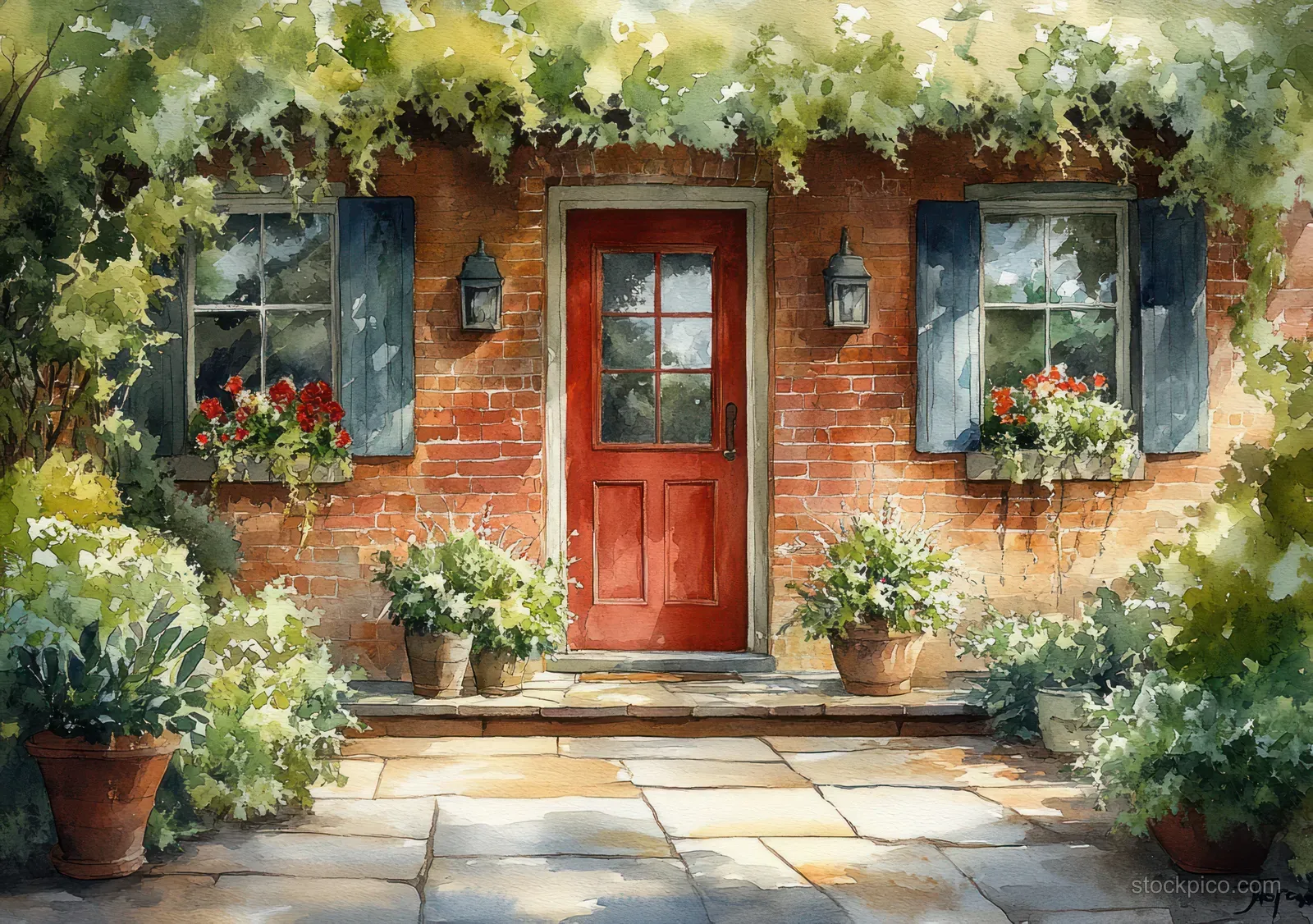 Rustic brick cafe entrance with a red door, potted flowers, stone steps, and overhanging green leaves.