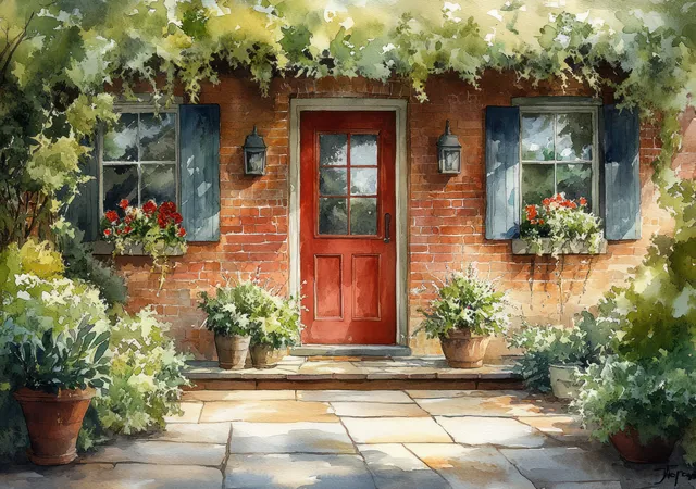 Rustic brick cafe entrance with a red door, potted flowers, stone steps, and overhanging green leaves.