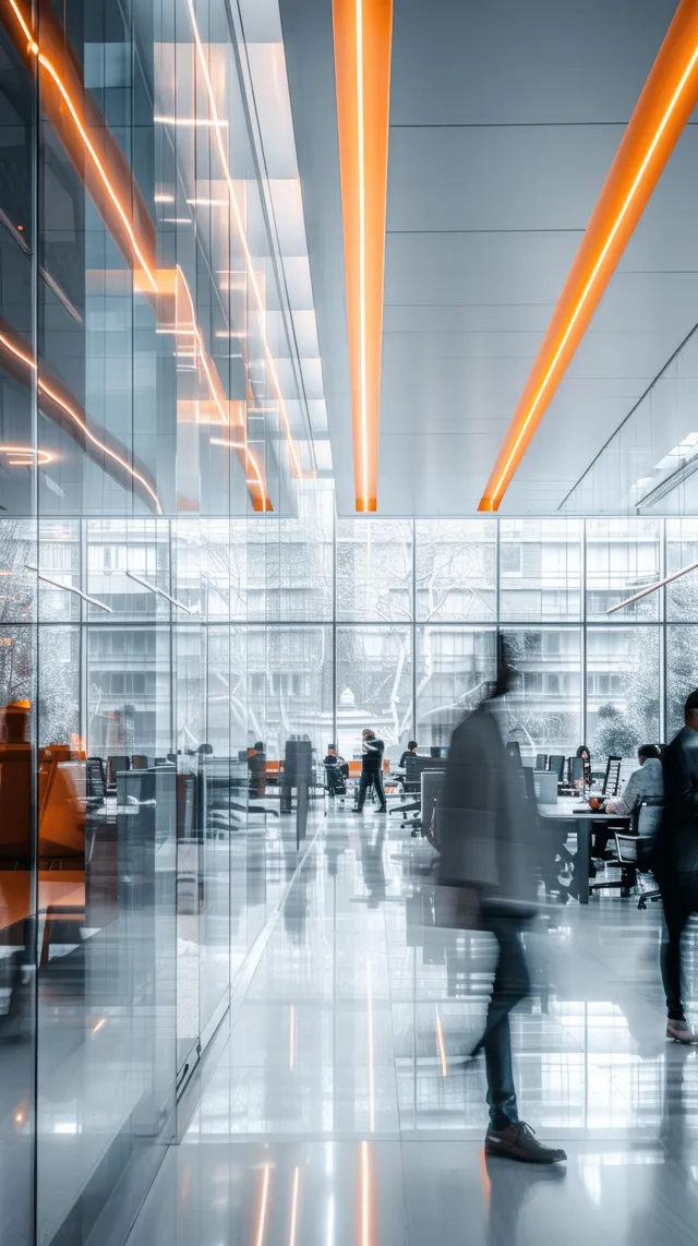 Blurred professionals walk through a bright office hallway under glowing ceiling light beams.