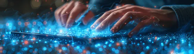 Businessman typing on laptop while AI chat interface glows in futuristic blue cyberspace