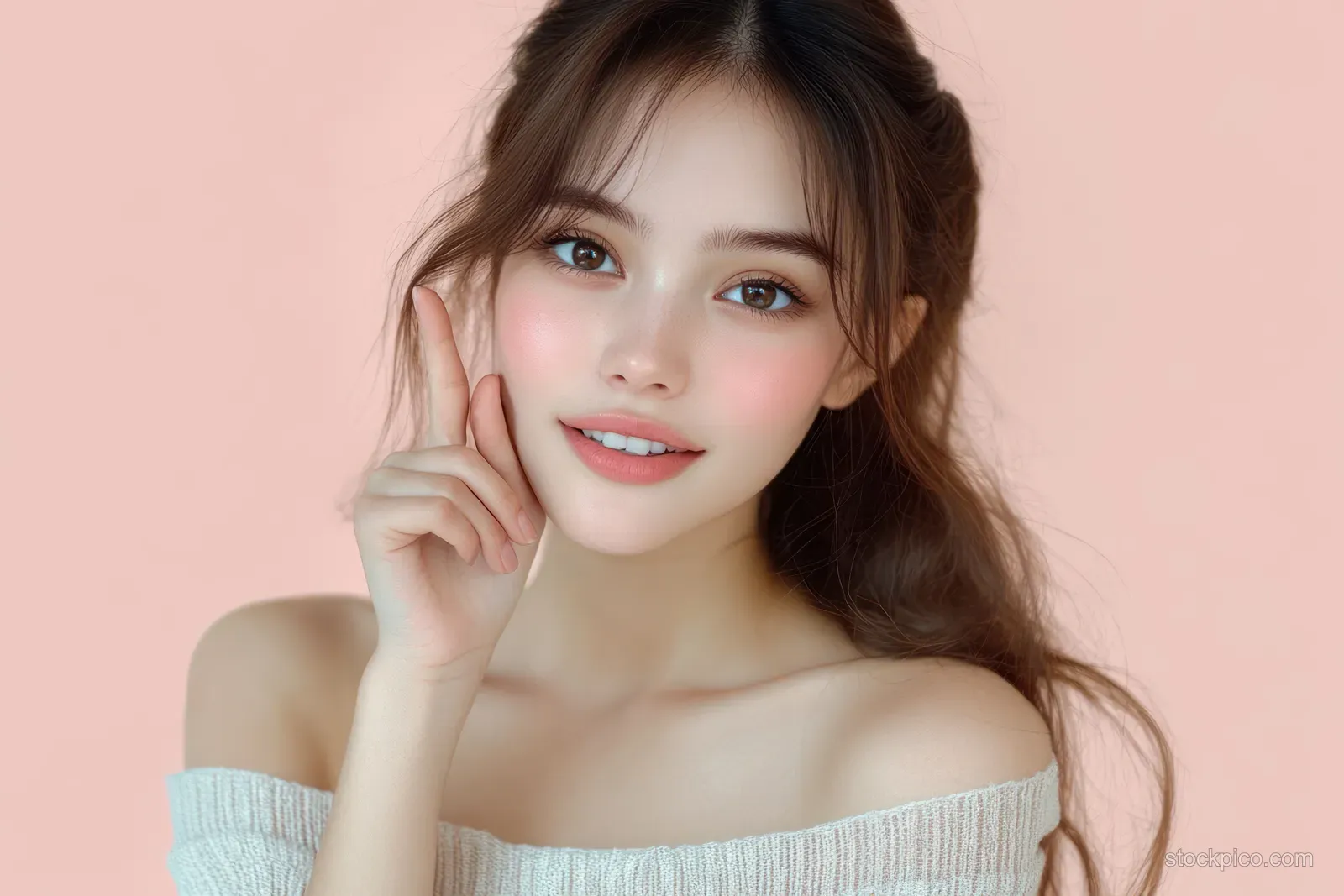 A young Asian woman on a pink background points to her cheek while smiling.