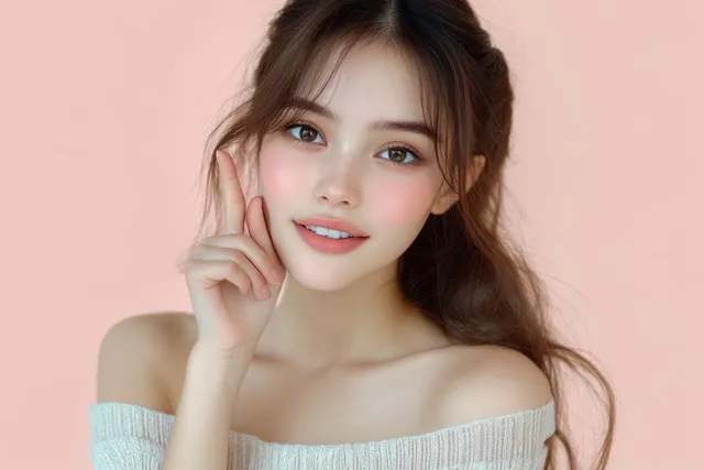 Young Asian woman pointing to her cheek on a soft pink background with skincare vibes