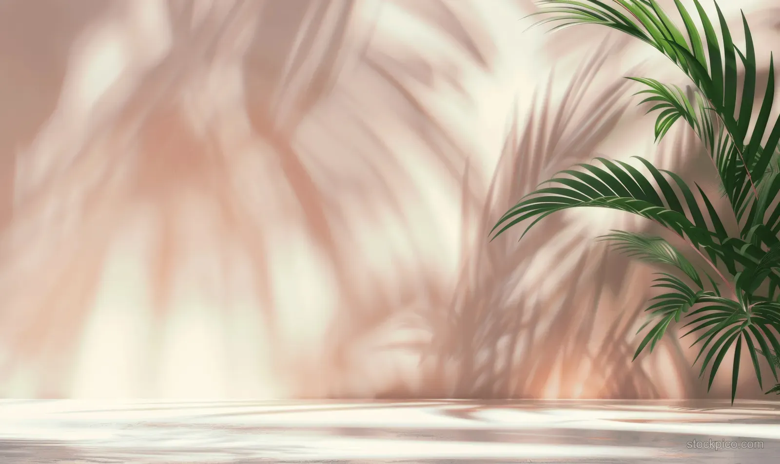 Palm fronds cast soft shadows on a pastel pink wall above a light floor in a minimal indoor scene.