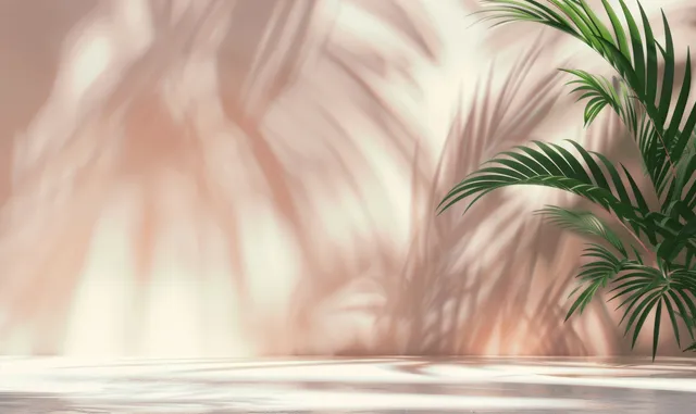 Palm leaf shadows on pastel pink wall with soft sunlight for product display copy space