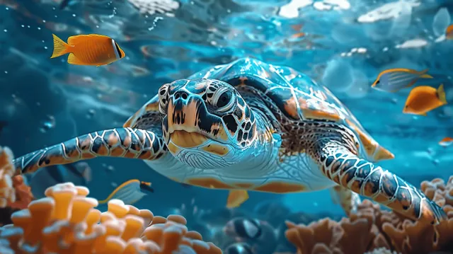 Colorful sea turtle swimming above a coral reef while tropical fish scatter underwater