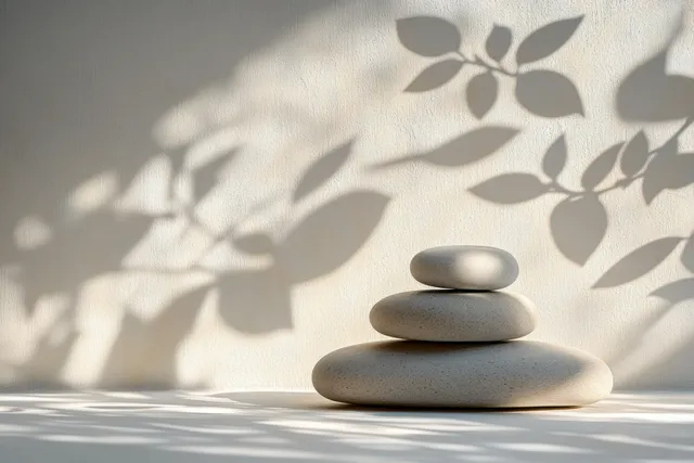 Three gray stones stacked ascending on beige wall with leaf-shadow patterns