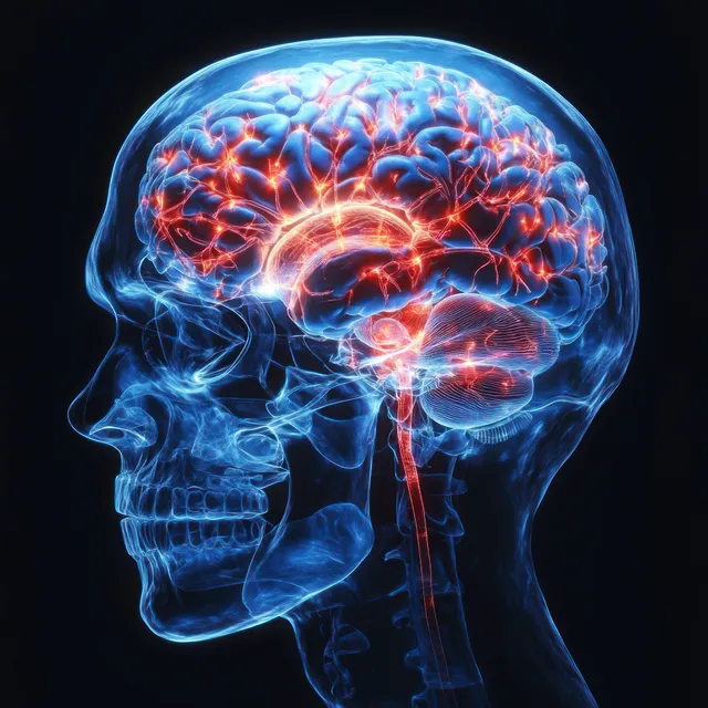 Side view of translucent skull showing glowing red-orange neural activity across brain circuits