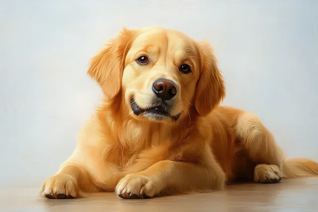 Golden retriever lying calmly on a smooth surface against a light plain background