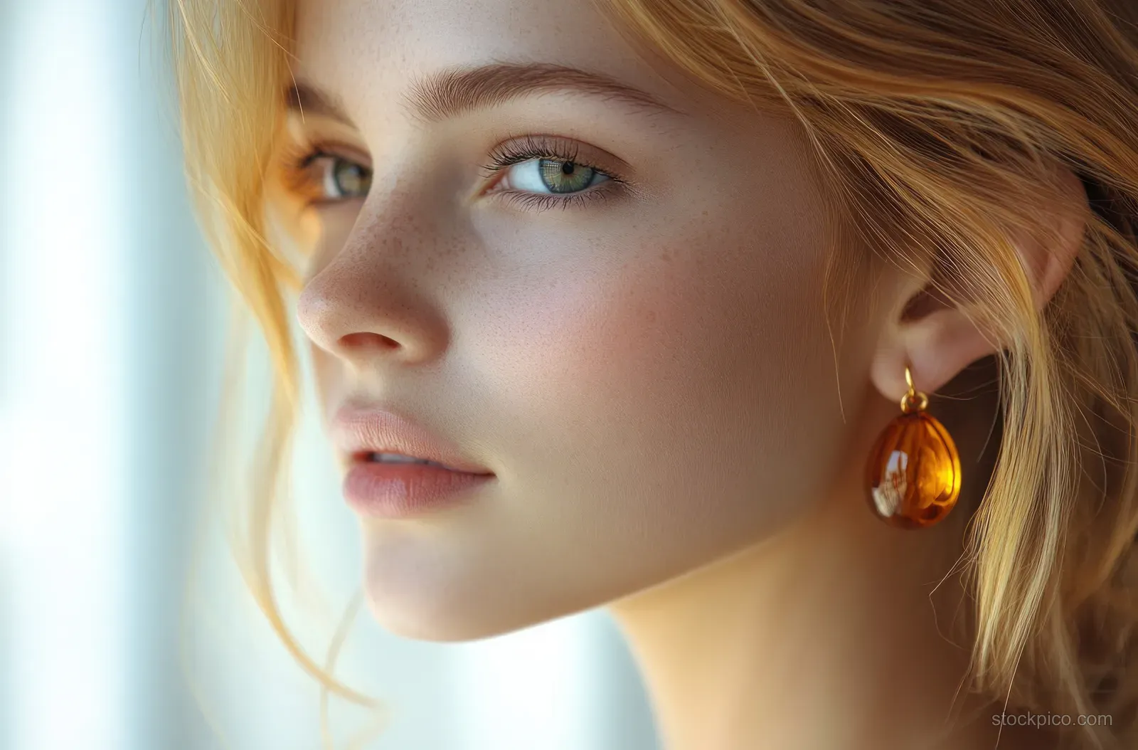 Close-up portrait of a woman wearing amber drop earrings with soft side light and blurred background.