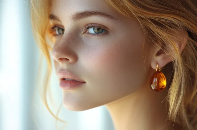 Woman models amber earrings in close-up portrait with soft light and shallow depth