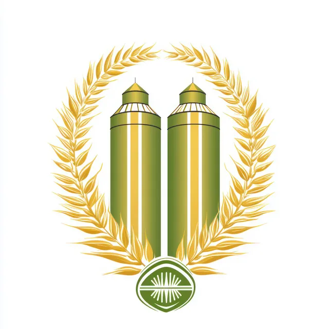 Two green grain silos with golden tops are centered inside a wheat wreath emblem on a white background.