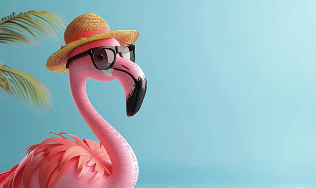 Pink inflatable flamingo wearing a straw hat and sunglasses floats in turquoise pool water under a clear blue background.