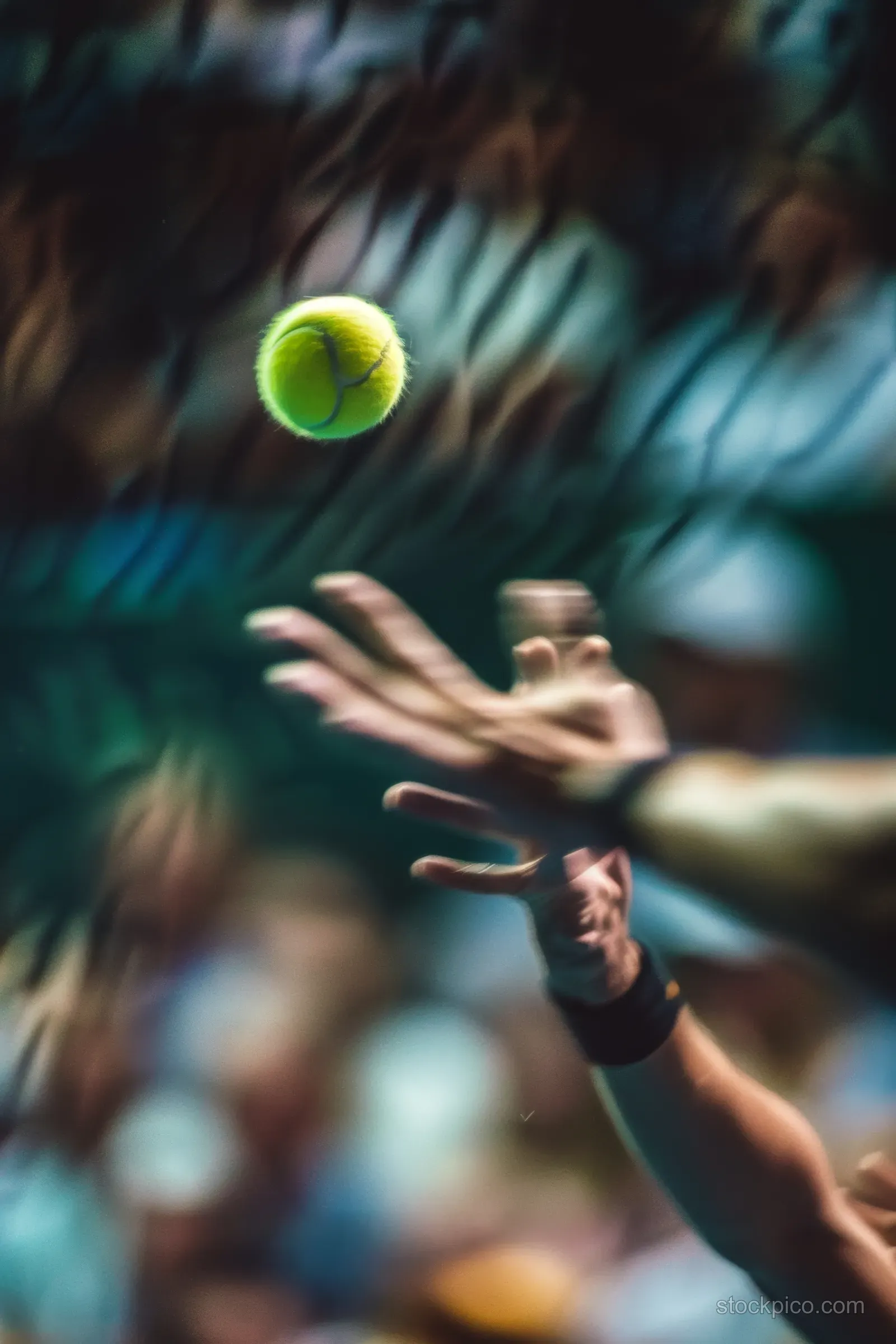 A tennis doubles player serves with racket extended while the crowd behind is blurred.