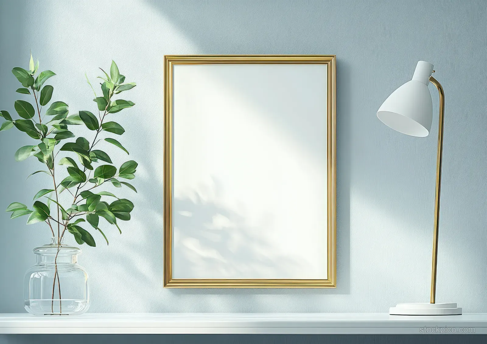 Gold empty picture frame sits on a white shelf beside a vase with green twigs and a white desk lamp.