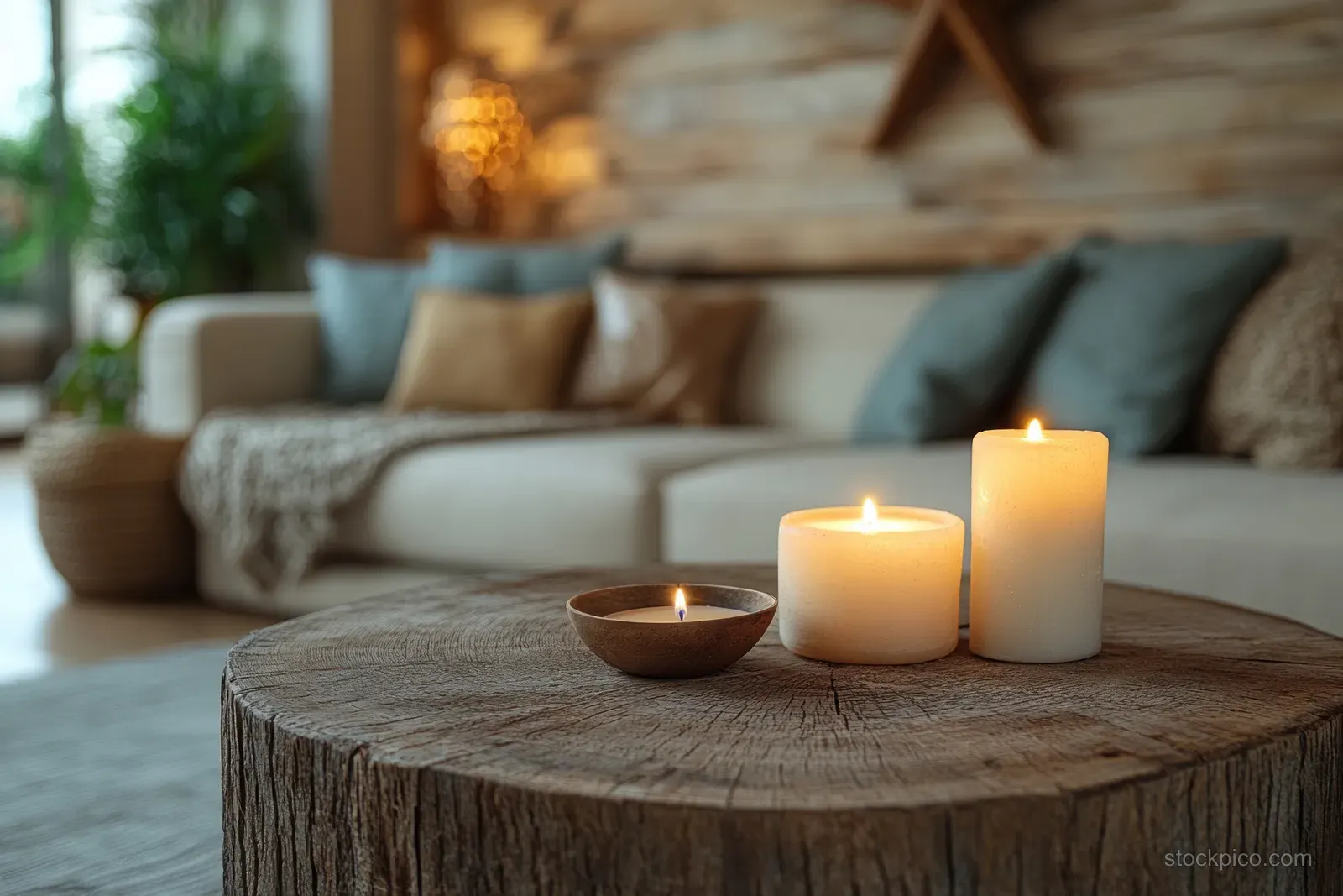 Candles burning on a round wooden table in a cozy Scandinavian living room with warm light and winter décor.