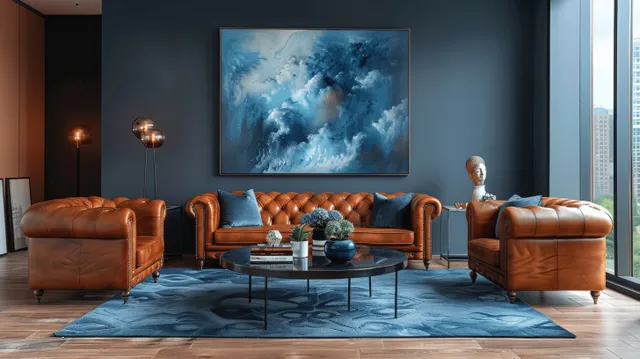 A modern living room with leather sofas, a round coffee table, and blue abstract wall art.