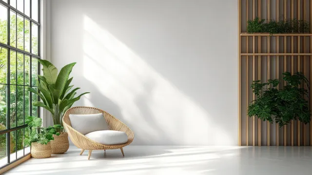 Rattan armchair and potted green plants in a sunlit Scandinavian minimalist interior by large windows.