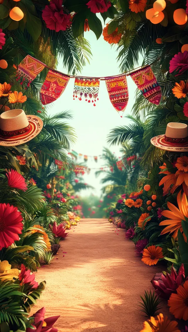 Sunlit tropical garden pathway lined with colorful flowers and festive hanging banners under palm leaves.