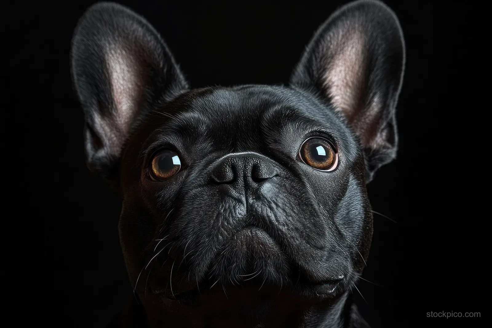 A black French Bulldog looks forward in a close-up portrait with upright ears against a dark background.
