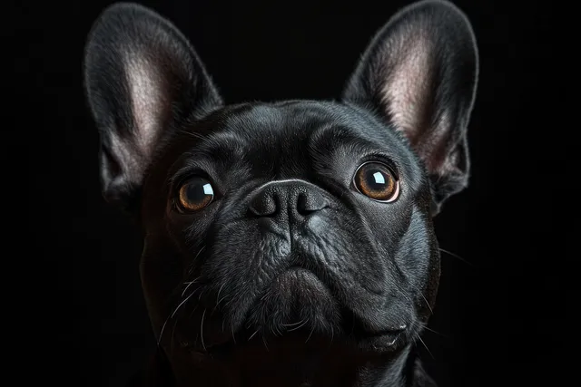 A black French Bulldog looks forward in a close-up portrait with upright ears against a dark background.