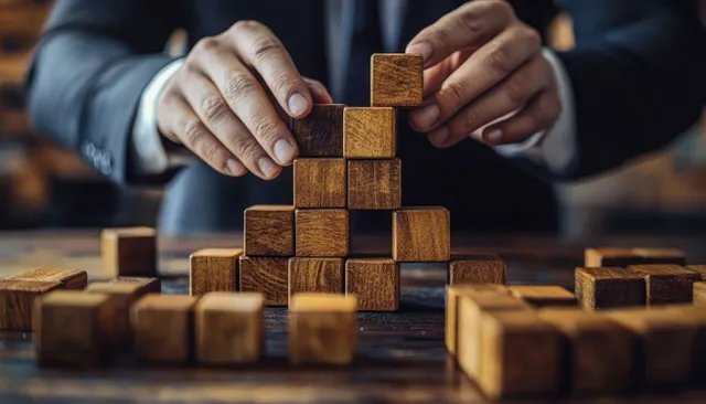 Two hands stacking wooden blocks into a rising tower on a table with scattered cubes around.