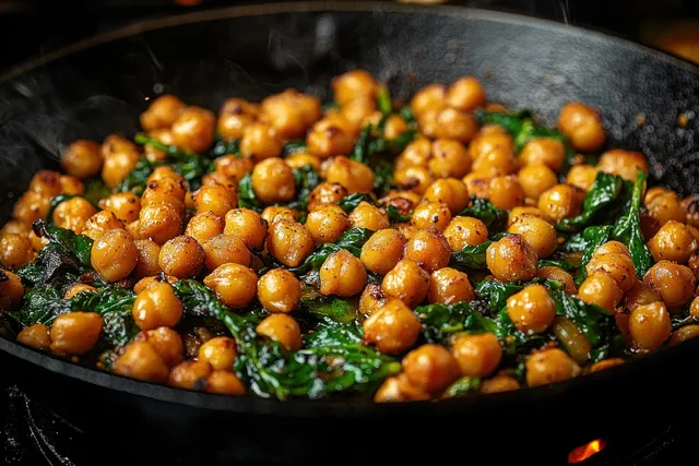 Chickpeas and spinach sautéing in a black frying pan with steam rising and glossy seasoning.