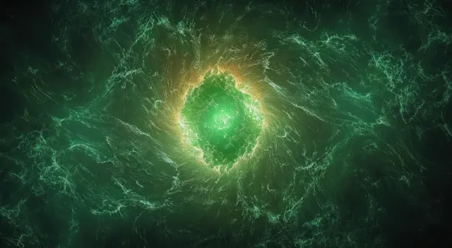 A glowing green vortex in a dark space background surrounded by swirling electric light waves and fractal texture.