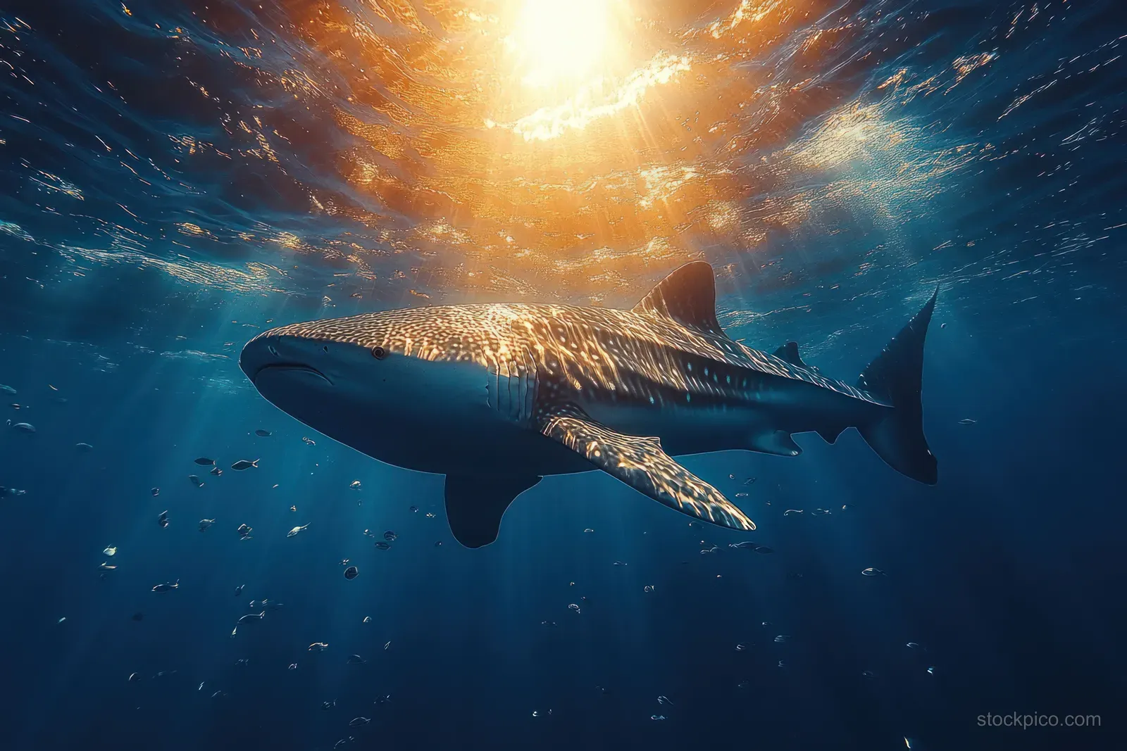 A whale shark swims underwater beside schools of small fish under sunlit water in the Andaman Sea.