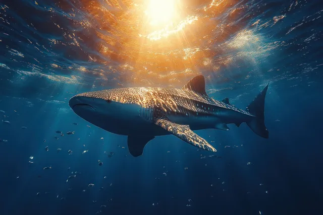 A whale shark swims underwater beside schools of small fish under sunlit water in the Andaman Sea.