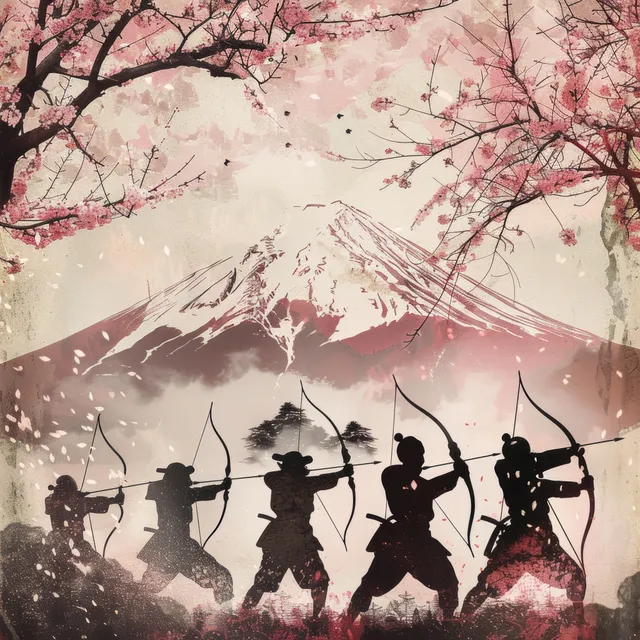Silhouetted Japanese archery team draws bows beneath cherry blossoms with Mount Fuji behind them.