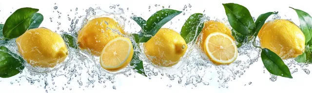 Lemons and green leaves splash into clear water droplets, isolated on a white background.