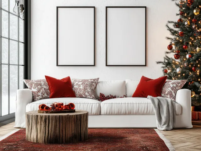 Scandinavian living room holiday setup with white sofa, red pillows, and Christmas tree glow