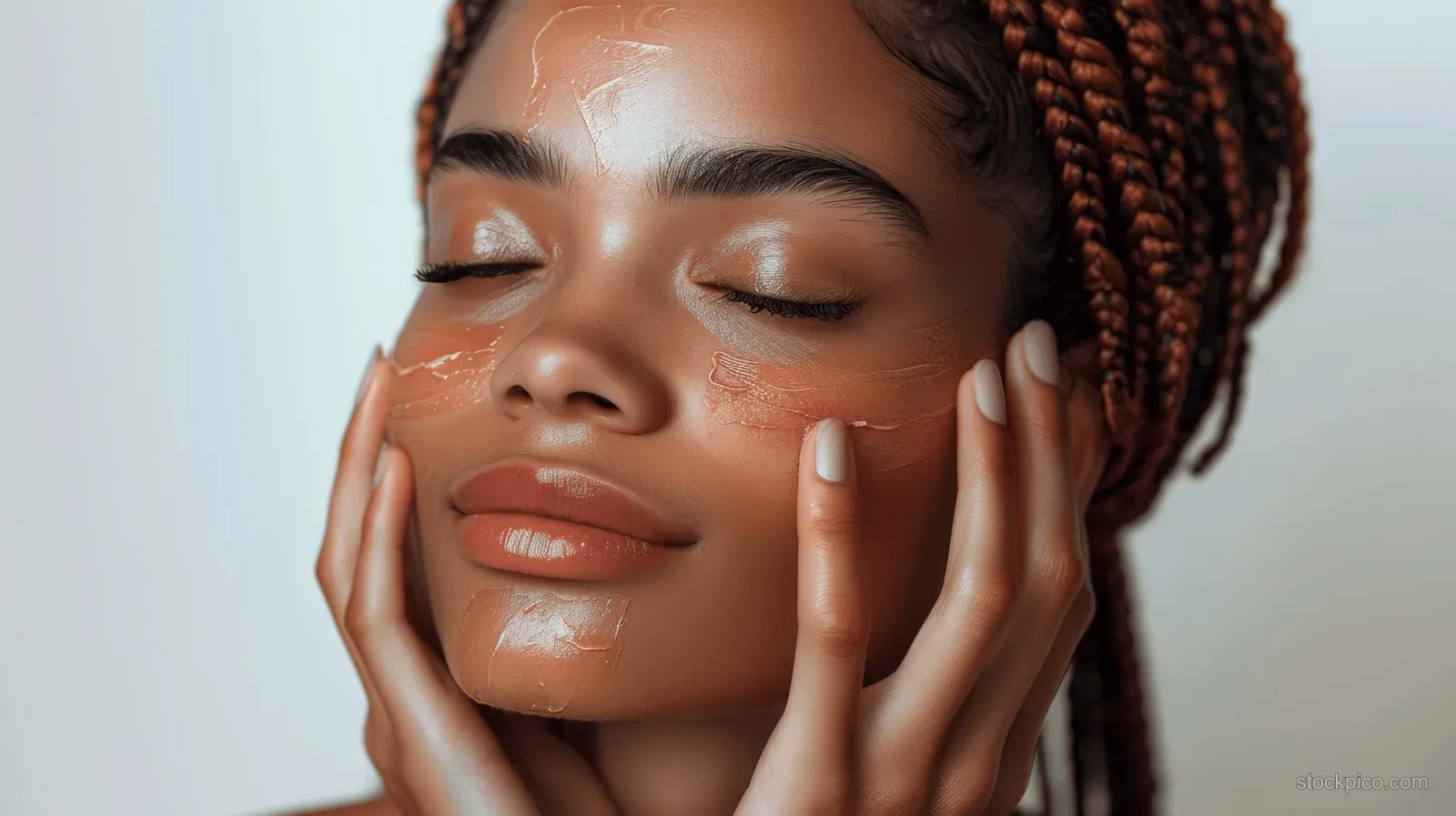 Young woman with braided hair closes her eyes while applying facial skincare cream during a spa treatment.