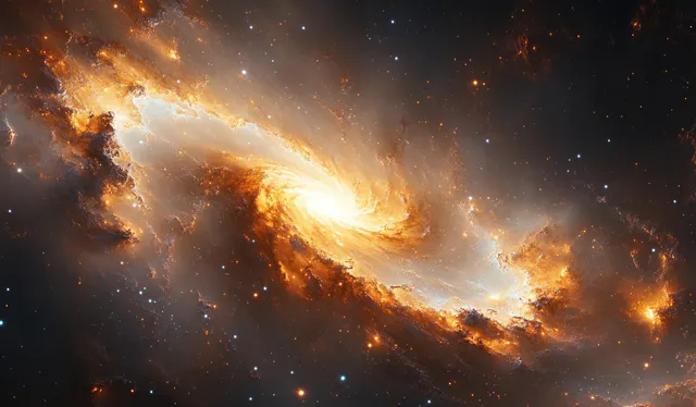 A glowing spiral galaxy with a bright core and swirling arms appears in deep space surrounded by stars and haze.