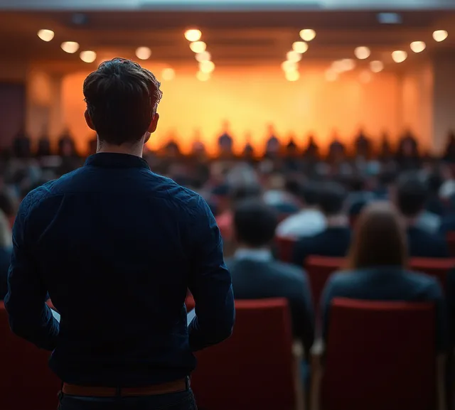 Speaker’s back facing a seated audience during a business conference in a warmly lit auditorium.