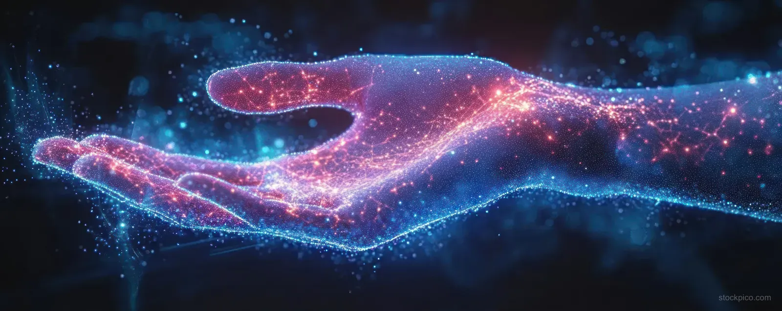 Neon holographic hand releasing sparkling particle waves across a dark cyberpunk background.