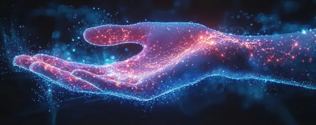 Cyberpunk hand-shaped hologram releasing glowing particles under neon blue and purple lights
