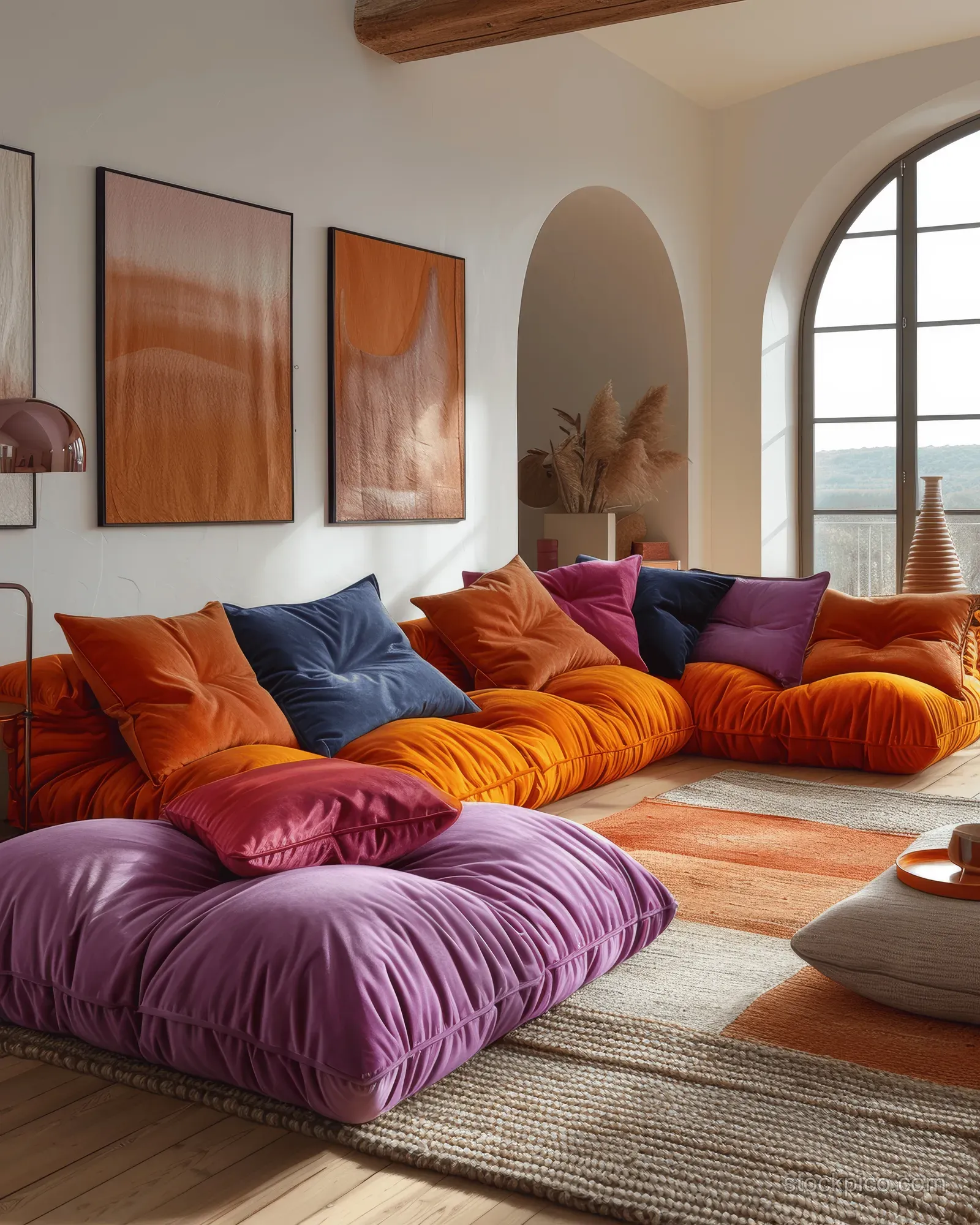 Colorful couches with orange and pink cushions sit in a sunlit living room beside an arched window and wall art.
