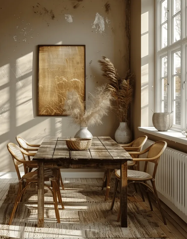 Sunlit dining nook with wooden table, rattan chairs, and framed feather artwork near a window casting shadows.