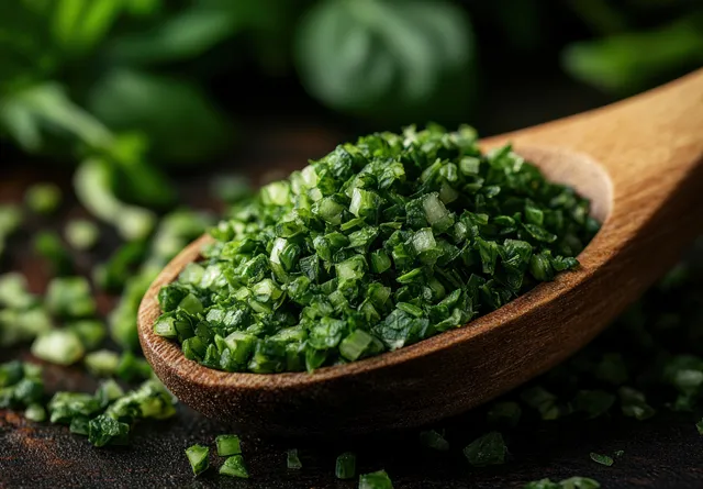 Finely chopped green herbs spill from a wooden spoon across a minimal white background.
